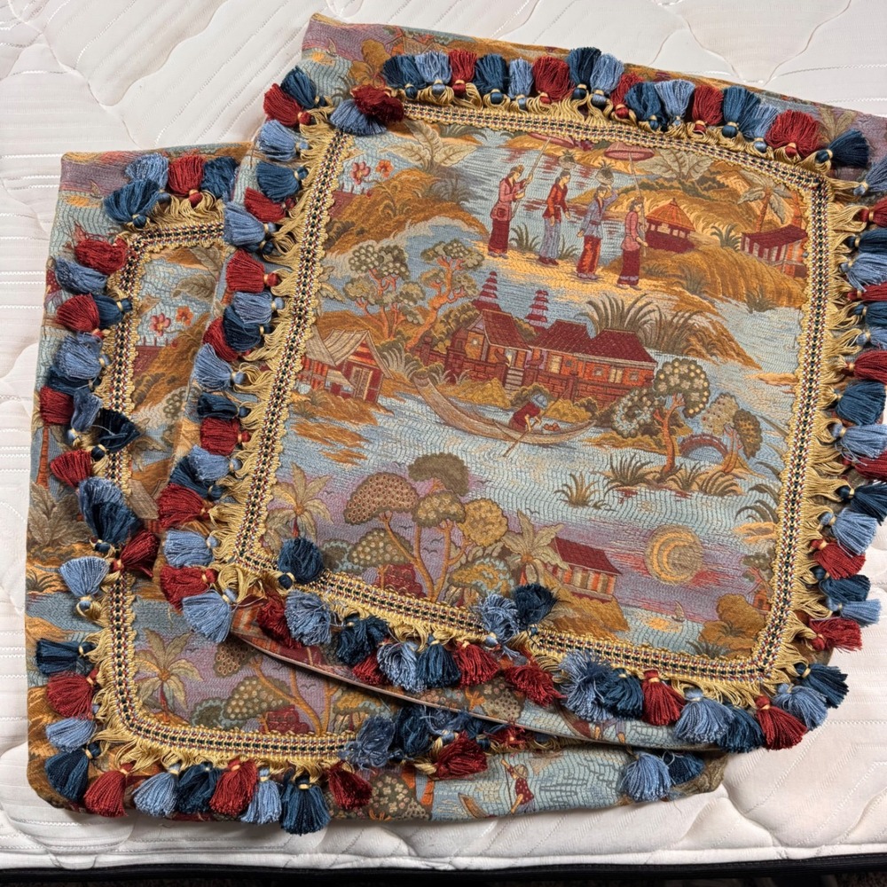 Vtg Asian Village Chinoiserie Tapestry Pillow Covers 2 Set Tassel Fringe 20x20